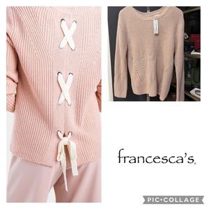 NWT Francesca’s Harper Heritage Fiona Contrast Lace Back Sweater Blush Pink MED